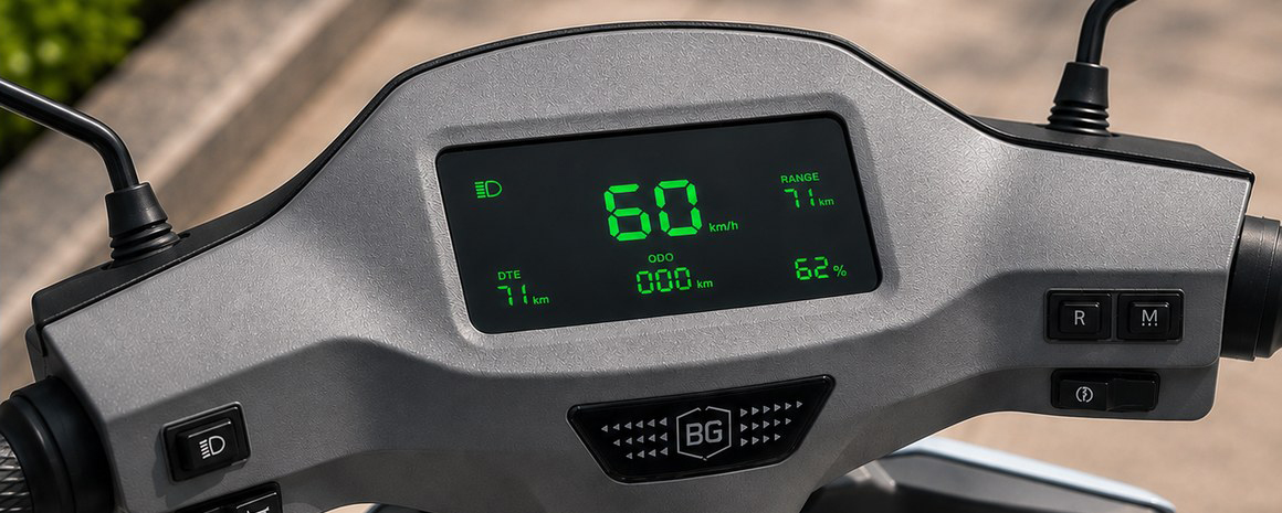 Digital instrument cluster showing speed and range